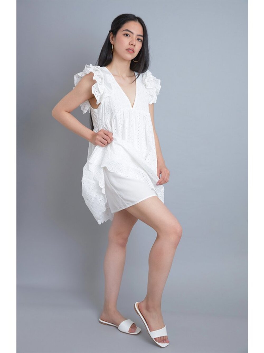 Pink Eyelet Embroidered Babydoll Dress With Built-In Shorts - Picture 5 of 7
